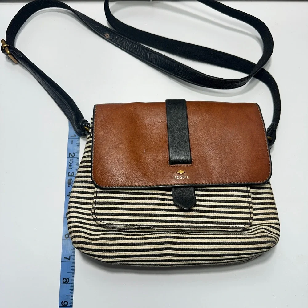 Fossil Kinley Crossbody Bag Womens Small Brown Striped Canvas Leather Flap Purse